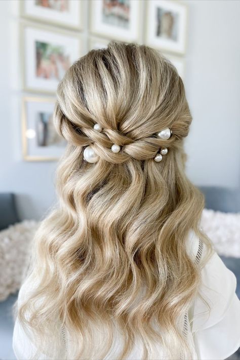 Learn this half up half down hairstyle in my online bridal hairstyling education program. Soft glam waves, half up with twists, bridal hair accessories, hair pearls. Pearl Bridesmaid Hair, Hairstyle With Veil Half Up Half Down, Bridesmaids Hair With Pearls, Half Up Half Down Bridal Hair With Pearls, Bridal Hair Half Up With Pearls, Half Up Pearl Hair, Half Up Hair With Pearls, Bridesmaid Hair Pearls, Half Up Half Down Pearls