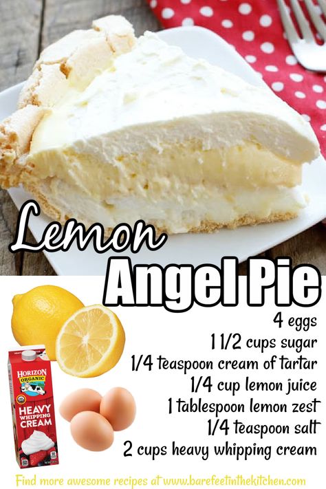 Lemon Angel Pie... - BarefeetintheKitchen.com Recipes Using Heavy Whipping Cream, Lemon Angel Pie Recipe, Angel Pie Recipe, Angel Pie, Mom Breakfast, Dessert Pie Recipes, Tried And True Recipes, Whipping Cream, Key Lime Pie