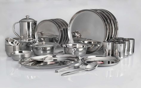 Stainless steel dinner sets gives you royal feeling that any plastic or fancy dinner set can not give at the cost. Stainless Steel Crockery, Steel Dinner Set, Plastic Dinner Set, Indian Kitchen Utensils, Dinner Set Design, Steel Utensils, Crockery Design, Stainless Steel Kitchen Utensils, Kitchen Tray