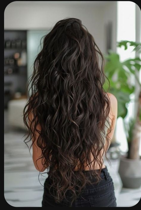 Curly Hair Back View Aesthetic, V Haircut For Long Hair Curly, Loose Perm Long Hair Beach Waves, Hair Care Aesthetic Curly, Long Dark Wavy Hair Natural, Wavy Long Layered Haircuts, Lose Perm Long Hair, Long 2b Haircut, Really Long Wavy Hair