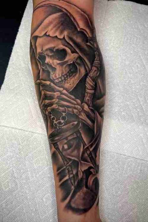 Cool Men Forearm Tattoos, Grim Reaper Shin Tattoo, Skeleton Grim Reaper Tattoo, Astetic Tattoos For Men, Skulls Forearm Tattoo, Grim Reaper Forearm Tattoo Men, Mens Skull Tattoo Ideas, Grim Reaper Arm Tattoo, Born To Kill Tattoo