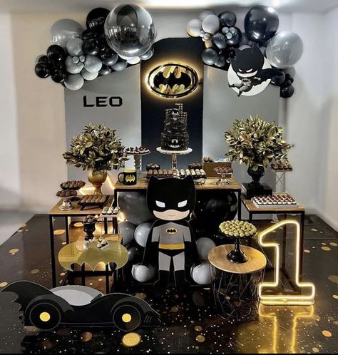 Batman first birthday theme and decorations First Birthday Themes For Boys, Batman Party Decorations, Batman Themed Birthday Party, 1st Birthday Boy Themes, Baby Boy Birthday Themes, First Birthday Theme, 16th Birthday Decorations, Boy Birthday Decorations, Boys 1st Birthday Party Ideas