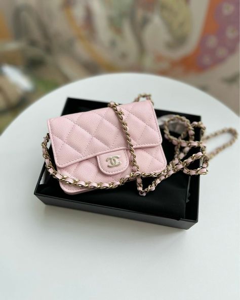 . Mini Wallet With Chain Light Pink Caviar Gold Hardware Chanel Mini Wallet, Luxury Staples, Chanel Cross Body Bag, Chanel Coin Purse, Chain Outfit, Wallet With Chain, Chanel 19, Micro Bag, Chanel Flap Bag