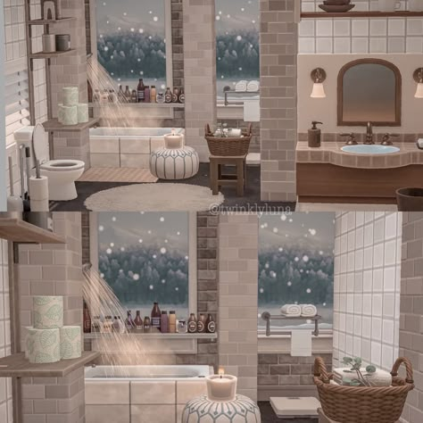 Building A Bathroom, Bath House Ideas, Winter Interior Design, Cottagecore Animal Crossing, Ground Design, Acnh Cottagecore, Cozy Bathroom, Animal Crossing 3ds, Happy Home Designer