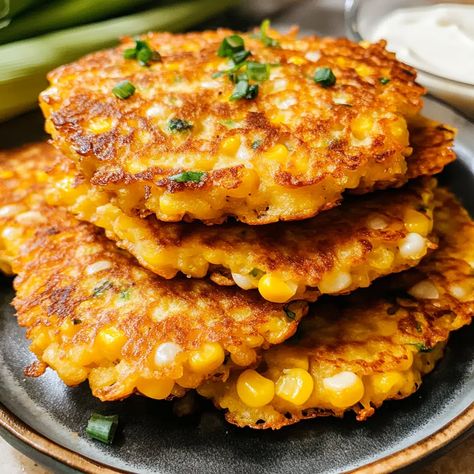 Quick and Easy Corn Fritters Recipe - Martha Stewart Corn Fritters, Corn Cakes Pioneer Woman, Homemade Corn Fritters, Corn Patties Fried, Air Fryer Corn Fritters Recipe Easy, Bisquick Corn Fritters, Corn Cakes Recipe Easy, Corn Fritters With Jiffy, Corn Fritters Air Fryer