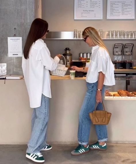 Constantlye | @ceciliemoosgaard | Instagram Colour Sneakers Outfit, Dress With Trainers Outfits, Tan Gazelle Adidas Outfit, Coloured Trainers Outfit, Colourful Trainers Outfit, Green Trainers Outfit Women, Addidas Gazelle Shoes Outfit Ideas Women, Outfits With Green Sneakers, Coloured Sneakers Outfit