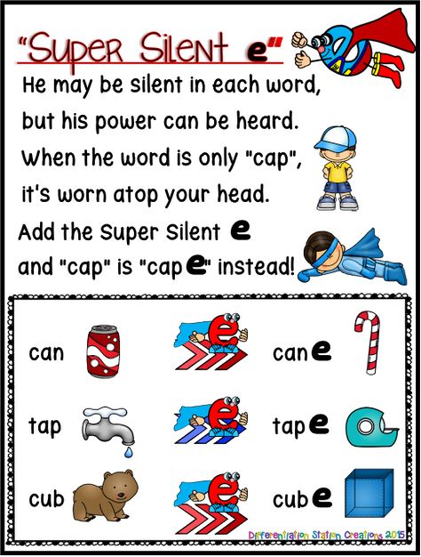 Super Silent E! Free anchor chart in color and black and white. Rhyme to help kids remember CVCe rule. Long A Silent E Anchor Chart, Silent E Anchor Chart, Silent E Worksheets Free, Magic E Anchor Chart, Silent E Worksheets, Esl Phonics, Reading Rules, Long E Words, Silent Letters