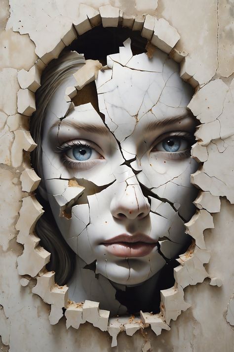 Cracked in every way possible, a shattered vessel of once untarnished beauty now lies broken and irreparable. The cracks in the glass mirror the fract... - Cracked Sculpture, Cracks Drawing, Cracked Face, Broken Face, Cracked Mirror, Shattered Mirror, 2024 Art, Flying Elephant, Woman Authors