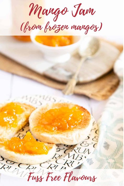 Easy Mango Jam Made With Frozen Mango - Helen's Fuss Free Flavours Mango Jam With Pectin, Frozen Fruit Jam Recipes, Recipes Using Frozen Mango, Mango Habanero Jam Recipe, Mango Jam Recipe Homemade, Frozen Mango Recipes, Mango Jam Recipe, Fruit Jam Recipes, Blueberry Jam Recipe