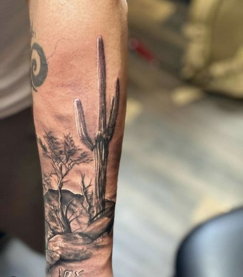 Western Scenery Tattoo, Southwestern Tattoo Sleeve, Western Forearm Tattoos Men, Dead Cowboy Tattoo, Desert Tattoo Sleeve, Western Sleeve Tattoo For Men, Outdoor Tattoo Ideas, Desert Scene Tattoo, Tucson Tattoo