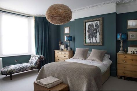 5 Creative Ways to Paint Your Bedroom | GNH Lumber Co. Taupe Bedroom, Natural Oak Flooring, Teal Curtains, Taupe Walls, Oak Bedroom, Wood Accent Wall, Benjamin Moore Colors, Eclectic Bedroom, Bedroom Paint Colors