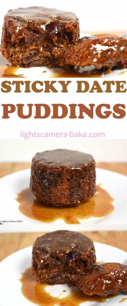 Sticky Date Puddings - Lights, Camera, BAKE! | Addictive Baking, Desserts & Sweet Treat Recipes Date Pudding Recipe, Sweet Treat Recipes, Sticky Date, Dessert Hacks, Sticky Date Pudding, Date Pudding, Homemade Strawberry Sauce, Fall Baking Recipes, Easy Gluten Free Desserts