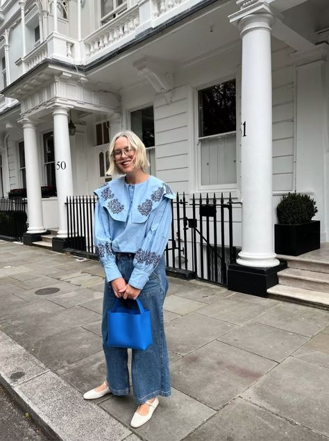 The sun is still shining so it's all about that transitional dressing. Damson Madder Outfit, Alexandra Stedman Style, Damson Madder Aesthetic, Alexandra Stedman, All In My Head, Transitional Dressing, Vintage Knitwear, Dopamine Dressing, Big Collar