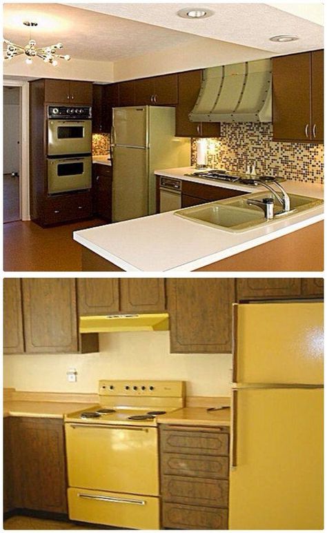 1970s Kitchens... Avocado Green or Harvest Gold..... the harvest gold is my parents kitchen in the 70s,  same layout and configuration! Gold Appliances, 1970s Kitchen, 70s Decor, Harvest Gold, Vintage Memory, Green Kitchen, Retro Home Decor, Avocado Green, Counter Tops