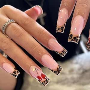 Acrylic Nails Brown, Nails Long Square, Nails Press Ons, Fake Nails Long, Press On Nails Long, Nails Brown, Leopard Print Nails, Cherry Nails, Acrylic Nail Kit