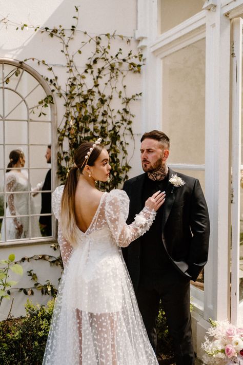 Polka Dot Wedding Dress Editorial | London Wedding Ideas Wedding Dress Editorial, Dot Wedding Dress, Dress Editorial, Polka Dot Wedding Dress, 2 Piece Wedding Dress, Embellished Veil, Wedding Dresses Spaghetti Strap, Plus Size Bridal Dresses, Two Piece Wedding Dress