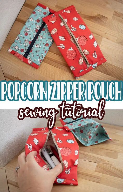 Popcorn Pouch Pattern Free, Pouch Patterns To Sew, Popcorn Pouch, Easy Zipper Pouch, Diy Pouch No Zipper, Sewn Gifts, Popcorn Bag, Zippered Pouches, Popcorn Bags