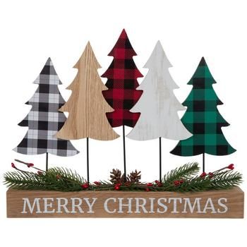 Dimensions: 11" H x 14" W x 2.5" D Material: MDF & Plastic Color: Natural, White, Green & Red Pattern: Check Quantity: 1 Usher in the season of warm greetings with this Buffalo Check Merry Christmas Tree Decor! This exciting decoration features wooden trees with various distressed designs and colorful buffalo check patterns attached to a rectangular base. The front of the base features the words "Merry Christmas" in bold white font. For an extra dose of holiday magic there are pieces of pine nee Hobby Lobby Christmas Decor, Wooden Trees, Buffalo Plaid Christmas Decor, Hobby Lobby Christmas, Plaid Christmas Decor, Merry Christmas Tree, Christmas Wood Crafts, Buffalo Plaid Christmas, Decor Pillows