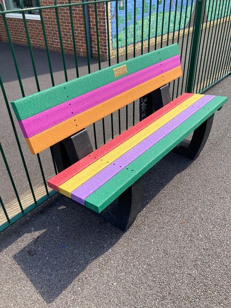 Colorful Benches Outdoor, School Bench, Buddy Bench, Diy Kids Playground, Club Furniture, Painted Benches, Curved Bench, Urban Design Architecture, Green Initiatives