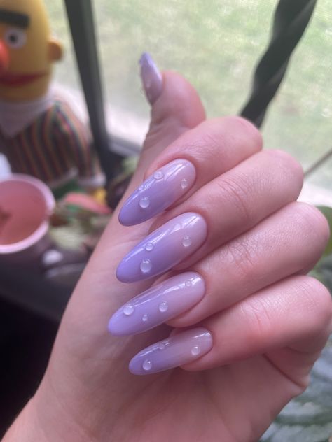 Water Droplets Nails, Waterdrop Nails, Water Droplet Nails, Purple Nails Almond, Water Drop Nails, Purple Almond Nails, April Nails, Water Nails, Transparent Nails