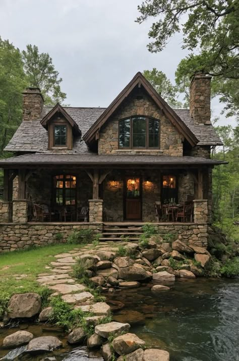 Half Rock House Exterior, House Made Of Stone, Natural Rock House Exterior, Stone Homes Exterior Rustic, Stone And Log Homes, Dark Rustic House Exterior, Wood And Rock House Exterior, Rustic House Outside, Brick Mountain Home