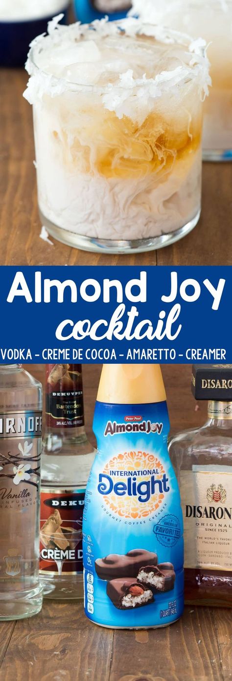 Almond Joy Cocktail - an easy cocktail recipe that tastes like an Almond Joy Candy Bar! Vodka, amaretto, creme de cocoa, and Almond Joy Coffee Creamer make one tasty drink! Almond Joy Cocktail Recipe, Almond Joy Coffee Creamer, Almond Joy Coffee, International Delight Creamer, Almond Joy Candy, Easy Cocktail Recipe, Cocktail Vodka, Easy Alcoholic Drinks, Flavored Coffee Creamer