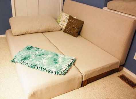 DIY convertible couch - make your own couch that converts into a pull-out bed Build Your Own Sofa, Comfy Sofa Bed, Sofa Bed For Small Spaces, Diy Sofa Bed, Hideaway Bed, Built In Couch, Murphy Bed Ikea, Couch Ideas, Camp House