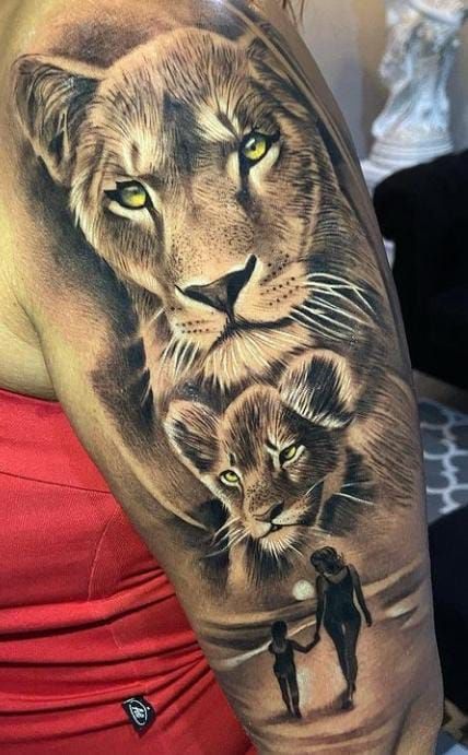 Mom Lion With Cubs Tattoo, Lion Lioness And Cub Tattoo, Lioness And Cubs Tattoo For Women, Big Tattoos For Men, Layla Tattoo, Lioness Tattoo For Women, Lioness And Cub Tattoo, Cub Tattoo, Lioness Tattoo Design