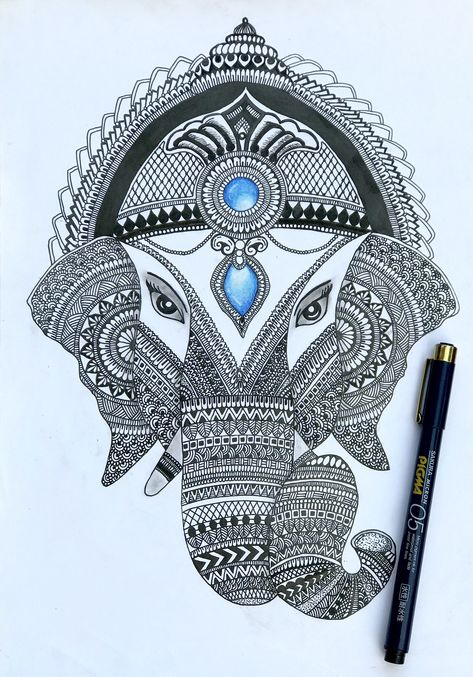 Mandala Art Mandela Art Ganesh, Elephant Mandala Drawing, Mandala Drawing Of Ganesha, Ganesh Mandala Art Design, Ganesha Zentangle Art, Ganapati Mandala Art, Ganesh Doodle Art, Hanuman Ji Mandala Art, Devi Mandala Art