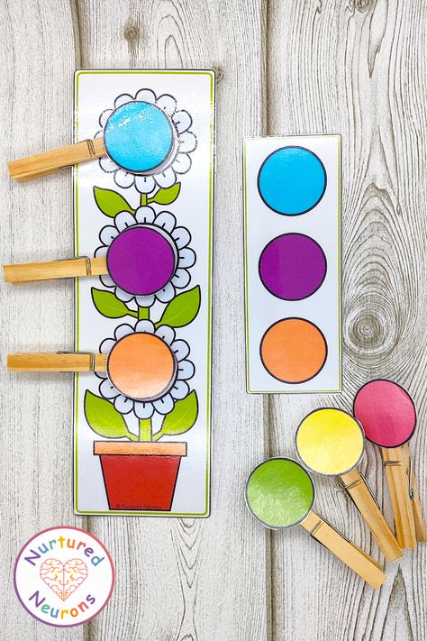 Looking for a fun way to develop your child's fine motor skills? Check out our flower color matching game! Little ones will love matching a sequence of colors by clipping the correct order of colors onto the flowers. It's a great activity for developing cognitive and problem-solving skills. #finemotorskills #learningthroughplay #colormatching #toddleractivities #preschoolactivities #kindergartenactivities #homeschooling #kidsactivities #playbasedlearning #preschool #flowers Cognitive Activities For Preschoolers Problem Solving, Matching Games For Preschoolers, Preschool Flowers, Color Games For Toddlers, Flower Crafts Kids, Elementary Lessons, Flower Games, Busy Binder, Fine Motor Activities For Kids