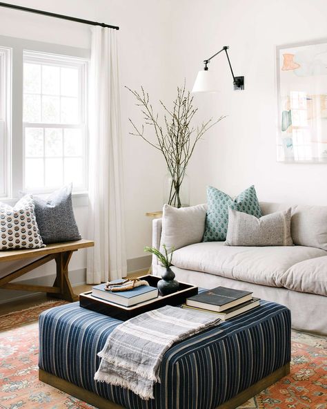 southern california house sitting room with blue ottoman Blue Ottoman, Farmhouse Side Table, Room Remodeling, A Living Room, Small Living Room, Curtains Living Room, Small Living, Home Decor Bedroom, Home Interior