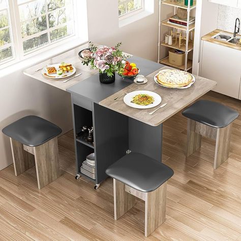 Amazon.com - furlinkhm Folding Dining Table Set for 4, Dinner Table with 4 Leather Chairs and Shelves, Space Saving Foldable Dining Table with 6 Wheels, Kitchen Table for Small Spaces (Beige) - Table & Chair Sets Tiny Dining Table, Dining Table Folding, Collapsible Table, Chairs For Dining Room, Space Saving Dining Table, Foldable Dining Table, Leather Cushions, Leaf Dining Table, Small Kitchen Tables