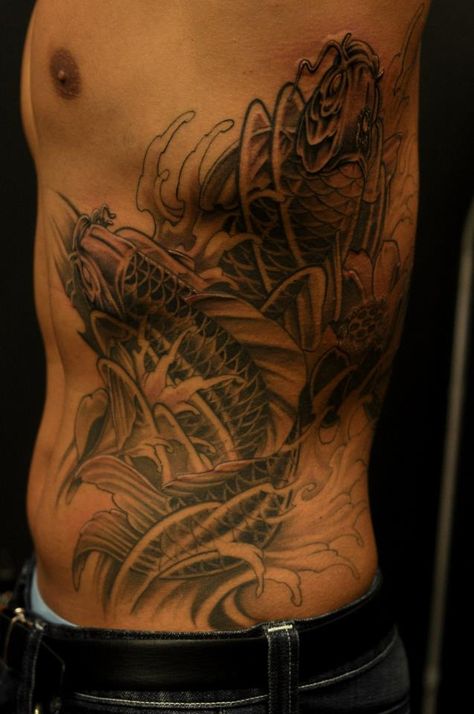 Chronic ink Tattoos, Toronto Tattoo - Koi rib piece by Bks. Tattoo Ribs Men, Tattoo Ribs, Tattoo Koi, Toronto Tattoo, Japanese Tattoos, Asian Tattoos, Just Ink, Rib Tattoo, Japanese Tattoo