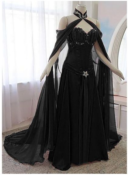 Villian Ballgown, Dark Fantasy Dress Aesthetic, Dark Goddess Outfit, Black Ethereal Dress, Black Fantasy Gown, Dark Fantasy Dress, Dark Fantasy Gown, Fantasy Dress Black, Mysterious Dress