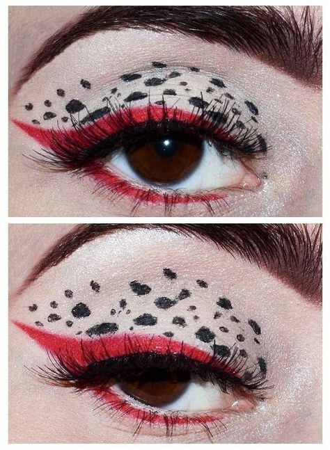 Cruella Deville Eye Makeup, Cute Cruella Deville Costume, New Cruella Deville Costume, Diy Cruella Deville Hair, Cruella Diy Costume, Diy Cruella Deville Costume Women, Cruella Deville Makeup Tutorial, Corella Deville Costume, Maquillage Cruella