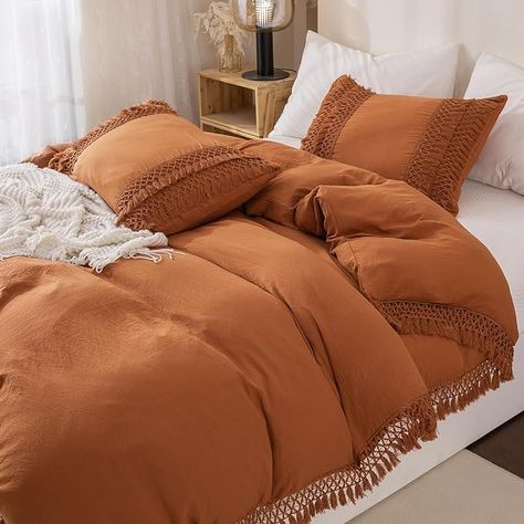 Queen Size Duvet Cover Set Burnt Orange Boho Bed Set 3 Pieces Shabby Chic Tassel Fringe Bohemian Bedroom Decor Pumpkin Rust Bedding Queen Set : Amazon.ca: Home Burnt Orange Bedroom, King Size Bed Designs, Shabby Chic Bedding Sets, Boho Bedding Sets, Bold Bedroom, Orange Duvet Covers, Double Bed Designs, Styl Shabby Chic, Orange Bedding