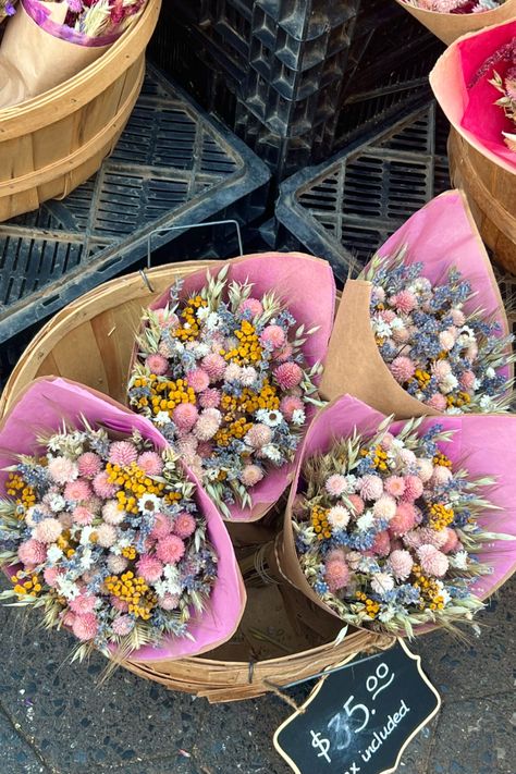 Pink Blue Winter Flowers Dried Flower Bouquet Farmers Market Arrangement Floral Yellow White Soft Farm Market Ideas, Bouquet Recipe, Farmers Market Flowers, Farmers Market Display, Flower Shop Design, Cut Flower Farm, Dried Wreath, Flowers For Sale, Flower Farmer