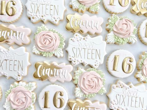 Sweet Sixteen Cookies Ideas, Sweet 16 Cookies Decorated Rose Gold, Sweet 16 Cookie Ideas, Sweet 16 Cookies Decorated, Sweet 16 Birthday Cookies, Quinceanera Cookies, 16 Birthday Cookies, Sweet 16 Sugar Cookies, 16th Birthday Cookies