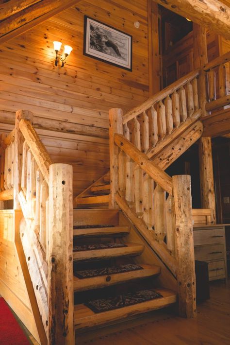 Log cabin stairway  Glamping - 6 Reasons Why You Need To Go Glamping Log Cabin Staircase, Cabin Stairs To Loft, Cabin Stairway, Log Cabin Stairs, Log Home Stair Railings, Log Stairs Staircases, Cabins Plans, Timber Steps, Railings For Stairs