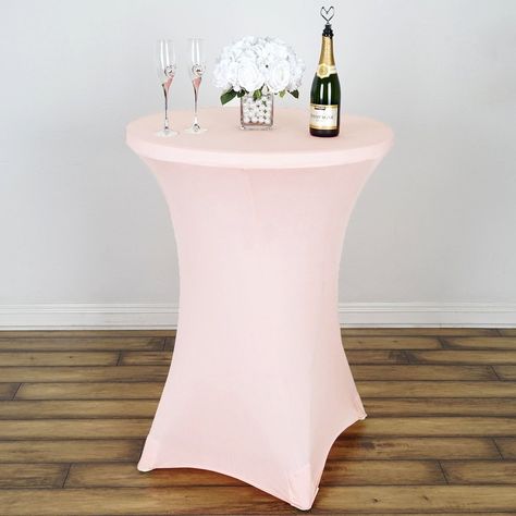 Blush | Rose Gold Cocktail Spandex Table Cover Table Cover Ideas For Party, Highboy Table, White Spandex, Chair Bands, Princesa Tiana, White Cocktails, Spandex Chair Covers, Fitted Tablecloths, High Top Tables