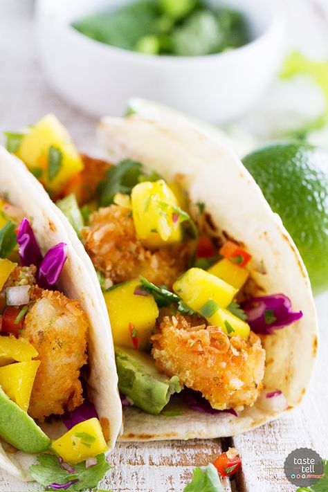 Coconut Shrimp Tacos, Best Shrimp Taco Recipe, Mango Tacos, Shrimp Taco Recipe, Salsa Avocado, Shrimp Taco, Taste And Tell, Grilled Fish Tacos, Belly Busters