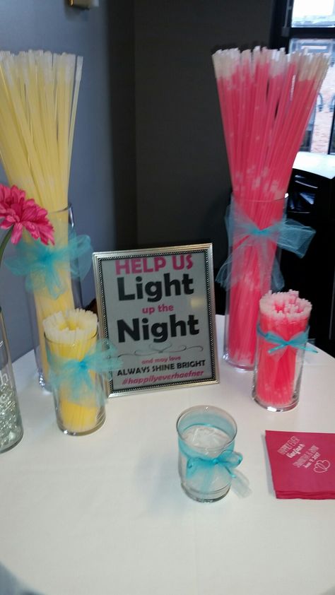 Help us light up the night and may love always shine bright, glow sticks for the outside wedding reception at Hensville Top Of The Nine, Toledo Mud Hens Stadium. September Backyard Wedding Ideas, Glow Wedding, Glow Wedding Reception, Dry Wedding Reception Ideas, Glow Sticks At Wedding, Glow Stick Wedding Reception, Rave Wedding Reception, Fun Wedding Reception Ideas Glow Sticks, Night Wedding Ideas