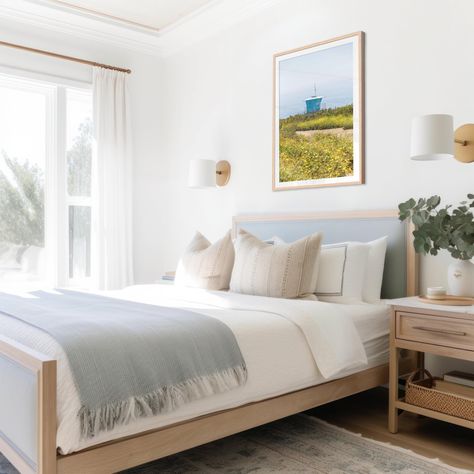 Coastal print featuring the Malibu lifeguard station with vibrant ocean and sky views. Warm Neutral Bedroom Ideas, Warm Neutral Bedroom, Modern Lake House Decor, Beachy Wall Decor, Modern Coastal Interior, Modern Coastal Interior Design, Palm Tree Prints, Modern Coastal Design, Modern Coastal Bedroom