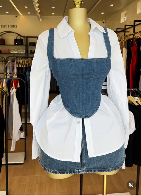 Blue White Striped Blouse Outfit, Victoria Secret Inspired Outfit, White And Denim Outfits Black Woman, Button Down With Corset, Corset Over Button Up, Pink Lace Top Outfit, Jean Dress Outfit Black Women, Denim Corset Top Outfit, Jean Corset Outfit