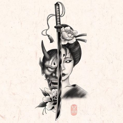 Masked Warrior, Hanya Mask Tattoo, Soldier Tattoo, Samurai Tattoo Design, Geisha Tattoo, Woman Warrior, Mask Tattoo, Female Tattoo Artists, Samurai Tattoo