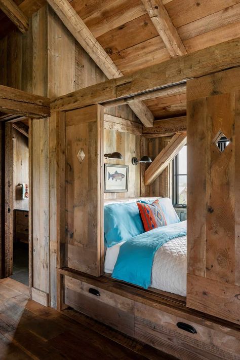 Historic Dutch barn becomes a blissful home in the Sawtooth Mountains Timber Frame Barn, Sawtooth Mountains, Built In Bunks, Guest Bedroom Decor, Barn Design, Mountain Living, Timber House, Mountain Homes, Cabin In The Woods