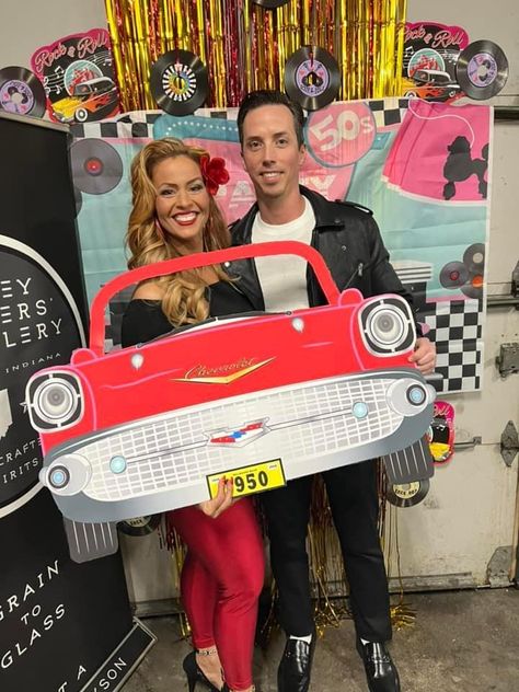 Sock Hop Party Outfit, Grease Theme Party Ideas, 50s Theme Party Outfit, 1950s Theme Party Decorations, Grease Party Decorations, Grease Backdrop, You’re The One That I Want Grease First Birthday, Grease Themed Party Decoration, Grease Party Ideas