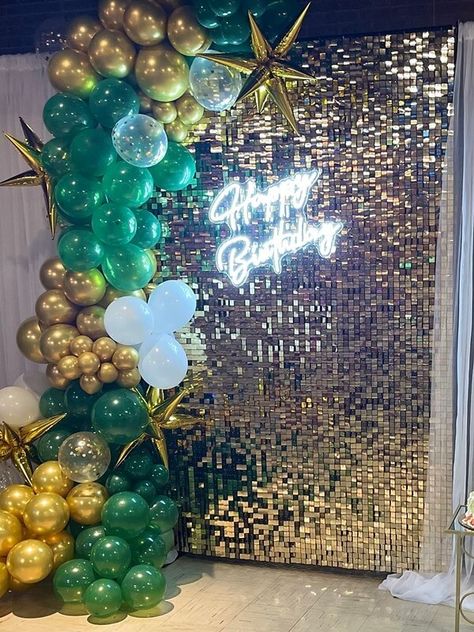 Green And Gold Backdrop Ideas, Green Balloon Backdrop, Backdrop With Curtains, Happy Birthday Neon Light, Grad Decor, Happy Birthday Neon, Backdrop Panels, Event Decor Ideas, Party Decorations Table