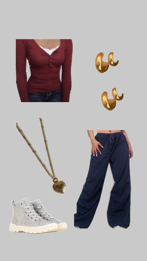 Red long sleeve shirt with white tank top under navy blue parachute pants gold heart locket necklase gold hoop earrings gray high tops outfit Elena Gilbert Outfit, Blue Parachute Pants, High Tops Outfit, Tops Outfit, Gold Heart Locket, Red Long Sleeve Shirt, Elena Gilbert, Red Long Sleeve, Heart Locket