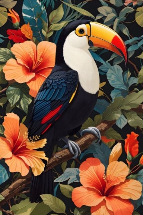 Poster Animal Design, Bird Murals, Jungle Art Painting, Jungle Art Tropical, Tropical Illustration Graphics, Tropical Bird Painting, Toucan Drawing, Toucan Painting, Toucan Illustration